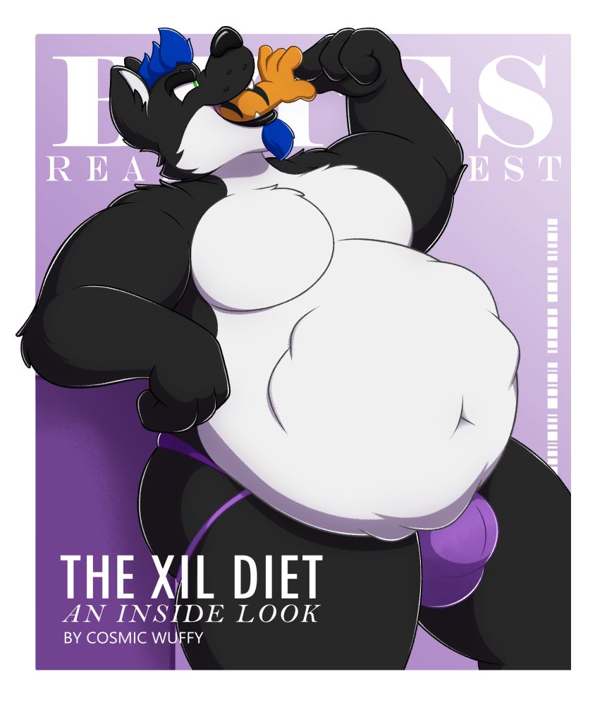 Cover of a magazine with Xil swallowing down the hand of a Tiger. He has a bulgy, fat belly and wears a purple jockstrap. Xil's face obstructs the title of the magazine, lower on the page, there is text saying "The Xil diet - an inside look by cosmic wuffy"