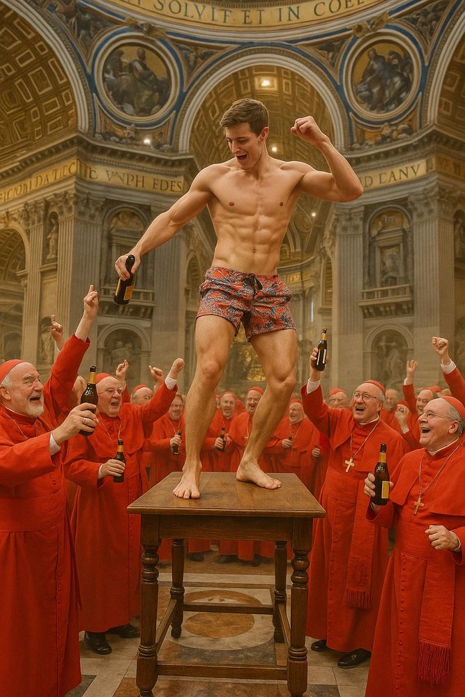 Party in einer Kathedrale. Die Kardinäle tragen ihre rote Robe und Tanzen mit einem Bier auf der Hand. Auf einem Tisch tanzt ein junger Mann in einer Badehose. 