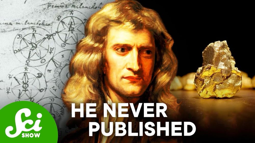 A youtube thumbnail of Isaac Newton with the text “He never published” over some diagrams and a piece of gold