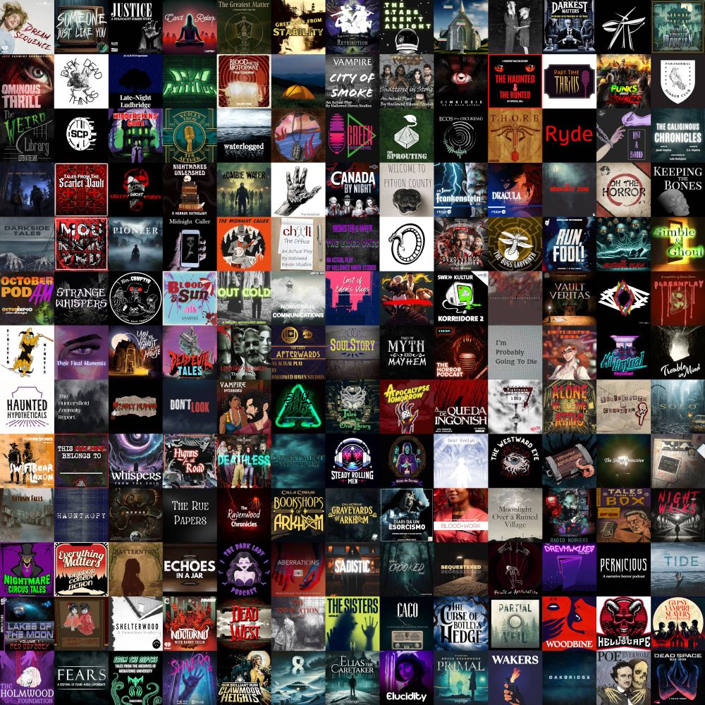 A 13x13 grid of various horror audio drama podcast logos
