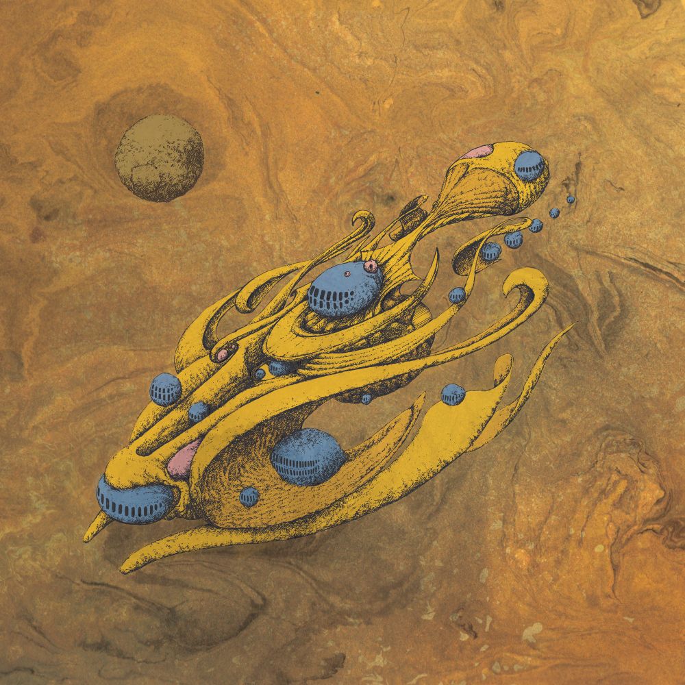 An ink drawing of a surreal psychedelic ship against a marbled background. The ship is made of curved organic forms in yellow with blue orbs attached to or hovering around the main hull. In the background is a rendition of the room Lapetus.