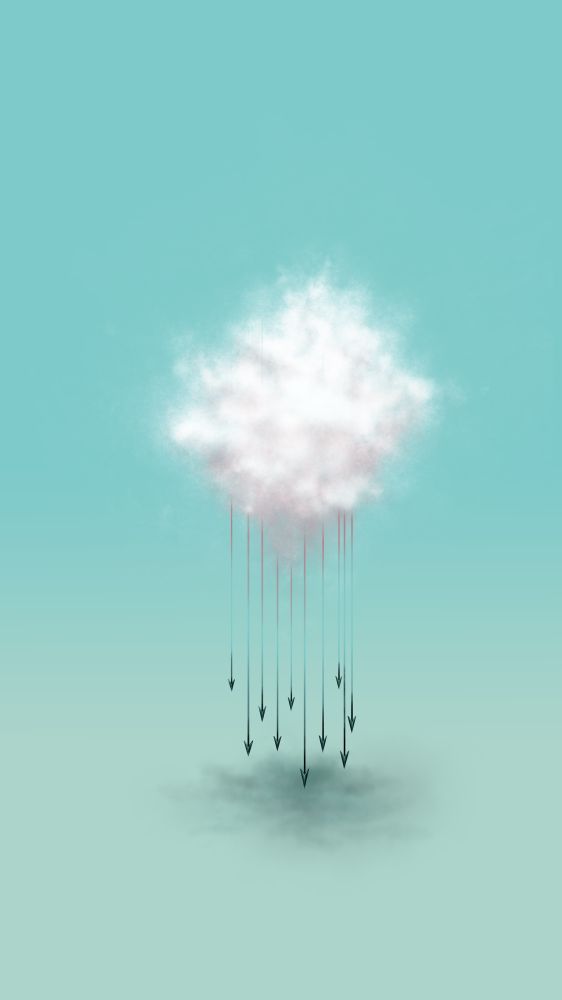A cloud hovering against a Paul’s turquoise back drone. Straight spear like lines point downward from the cloud, with arrow heads at the end of them 