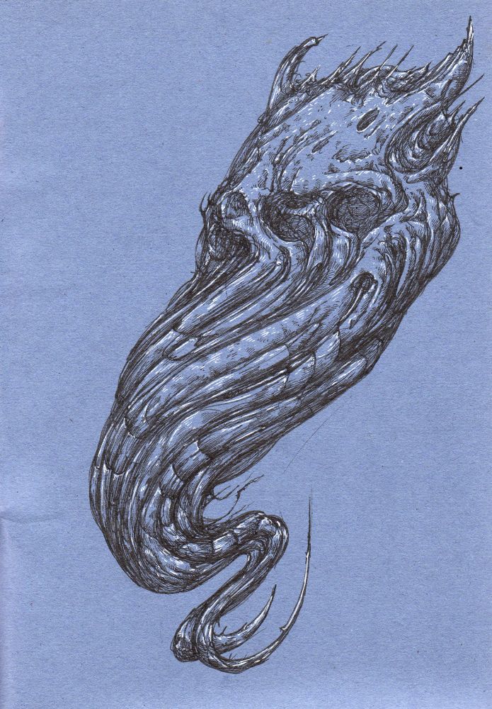 A line drawing of a warped skull in black and white ink on blue paper. The skull stretches across the page into a tendril like form