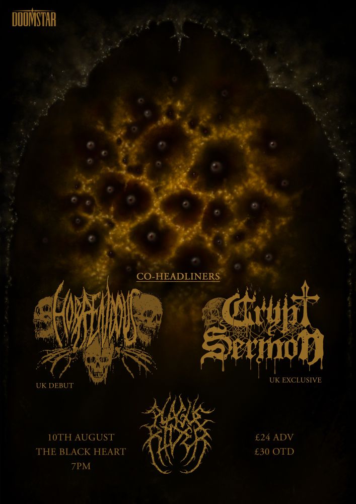 A digital painting of a yellow/red amorphous mass. Eyeballs stare from crevices in the surface, and it is behind details for a gig featuring Horrendous, Crypt Sermon and Plague Rider, at the Black Heart on the 10th August