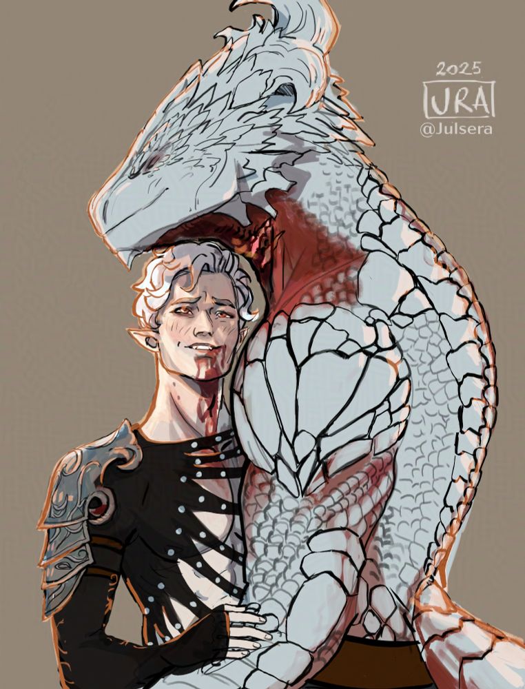 illustration where my dark urge Versel and Asatrion are depicted.  You can see Versel from the side, it is a very tall white-scaled dragonborn with a bright red neck. On his neck side you can see two linear scars where the scales where removed to facilitate Astarion's bite. 
Astarion is hugging him, his right hand is resting gently on his forearm. He looks up with eyes full of love and smiles, The dragonborn has his eyes closed and savors the moment of sweetness. Astarion smiles with his head turned upwards while he looks at him, he is wearing a dress that reveals half of his body laterally through fabric with slits that look like sun rays. Some still fresh blood stains Astarion's chin and runs down to his neck, coloring it red. He probably drank from his lover recently. Astarion looks at him extremely in love and the orange light behind them makes his right eye shine more than usual.