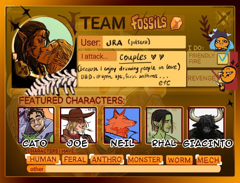 Artfight team fossils card, showing off 5 of my characters, a human wizard smiling named cato, a gunslinger monk trans cowboy named Joe, a charlatan rogue named Neil Armstrong, a gorgeous archer orc named real and a sweet and deadly black  Minotaur, death cleric named Giacinto 