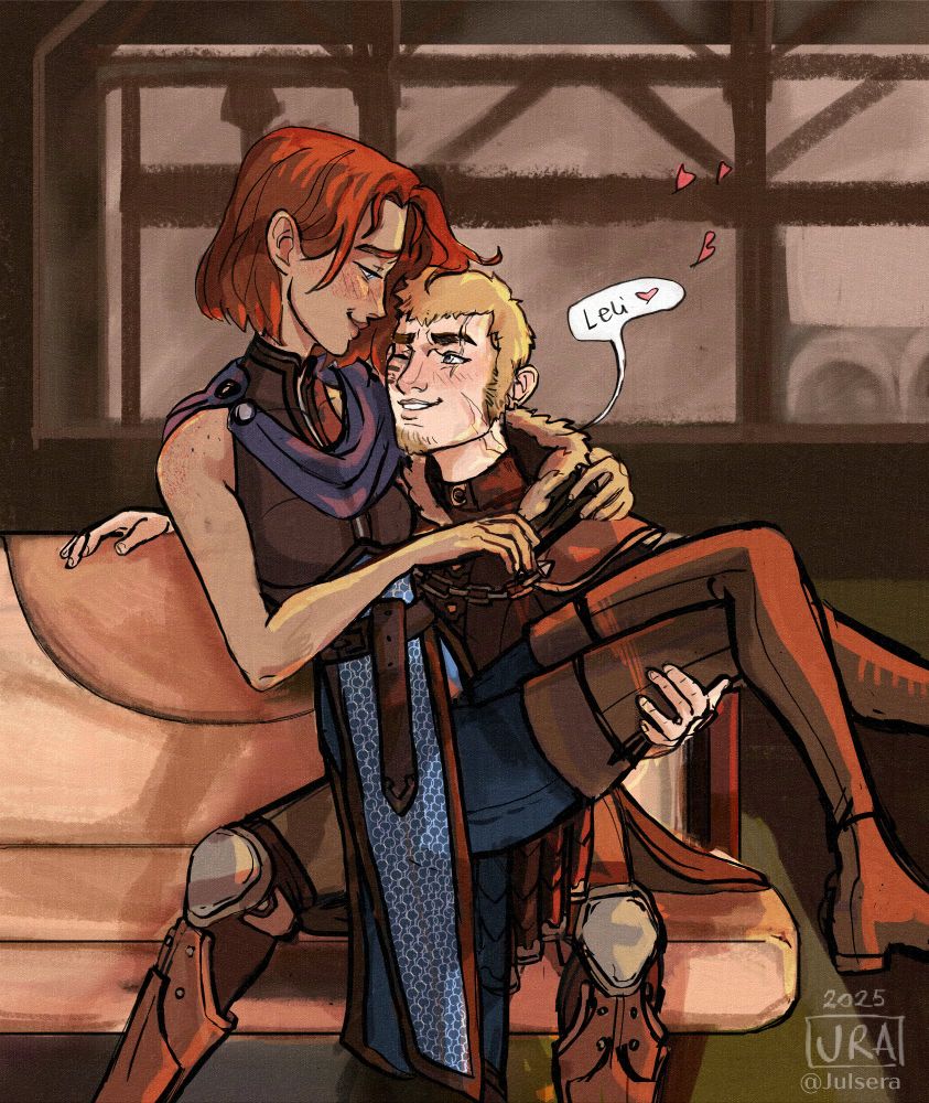 characters from dragon age origin: a dwarf with short blonde hair and gray eyes, a scar across her left eye and one that goes from her cheek to her neck. She's holding Lelianain her arms, while sitted on a sofa inside a tavern. She's smiling at leliana, winking at her, she says: Leli, lovingly while looking at her. Leliana looks at her back, she's wearing a dress similar to the one she's wearing in inquisition but sleeveless. Leliana's arms are around her shoulders, her hands grabbing on her while she looks into her eyes with affection