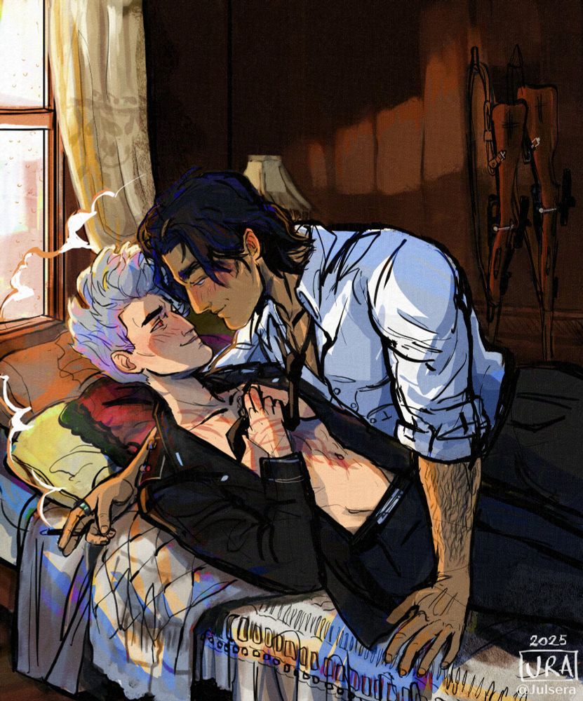 couple in bed of two humans, lookin at each other lovingly, the guy is over her, she's teasingly grabbing him by the tie. He's holding a cigarette in his right hand, that it's consuming itself, the smoke ingolfilng them, while from the window at their left some droplets can be seen on the glass window. The atmosphere is warm. She's wearing a black jacket, opened that shows a little of her chest. he's wearing oants with a blouse