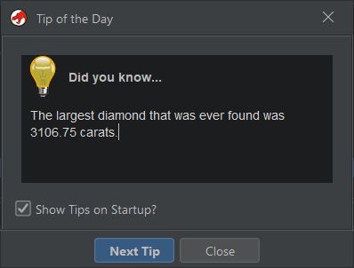 Ghidra Tip of the Day dialogue box.
"Did you know... The largest diamond that was ever found was 3106.74 carats."