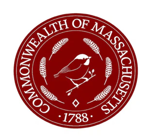 A proposed state seal in dark red with white text and images on it. A ring of text, letter bottoms inward, reads COMMONWEALTH OF MASSACHUSETTS, with •1788•, number bottoms outward, finishing the ring at the bottom. The text is enclosed in a pair of thin white circles. Inside that are two arcs of banded feathers, left and right, and a little diamond figure, and in the center of those is the image of a plump passerine bird, with stubby bill and stubby tail, perched on a twig. The bird has a white cap and a white bib under its chin, which make it look like almost anything other than the black-capped chickadee it's supposed to be. 