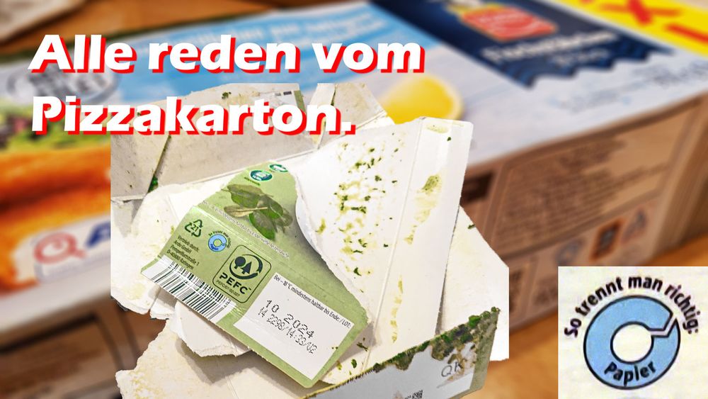 Was darf ins Papierrecycling? Welche Lebensmittelverpackung? Bild einer verschmutzten Spinatpackung mit Kennzeichnung "Papier".
