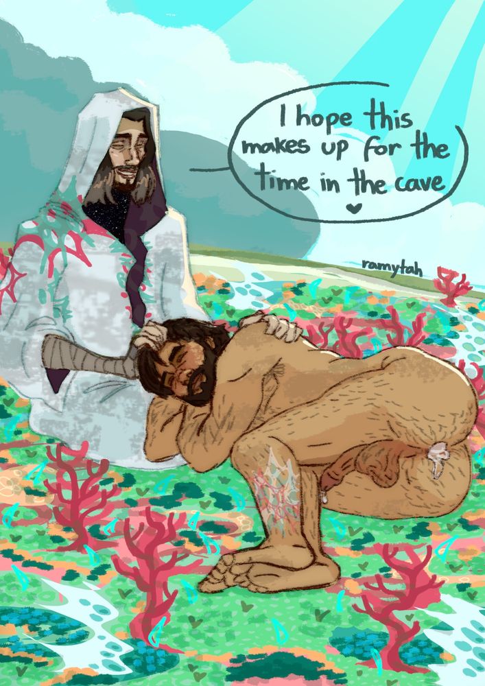 A painting based on the top of the Hex gates from the corrupted AU that Jayce ended up transported to. In the center there's Mage Viktor sitting on the floor, petting Survivor Jayce's head on his lap. Jayce is smiling with his eyes closed, completely naked, laying on his side with his hexcorized broken leg on top. At this angle, you can see Jayce's hole leaking cum, and his cock between his legs, also dripping. Viktor says "I hope this makes up for the time in the cave ❤️"