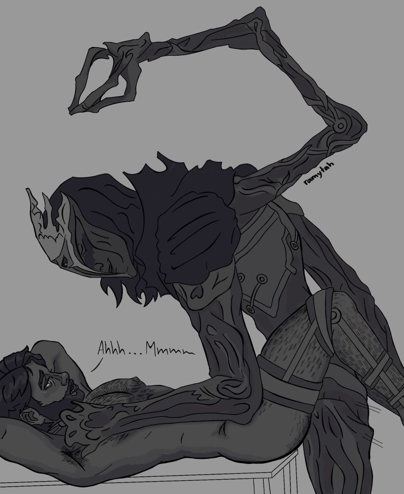 Arcane Herald is fucking Jayce over a table. He has one hand on Jayce's leg and the other one on his shoulder. Jayce has his hands under his head, moaning and looking at AH with lust in his eyes.