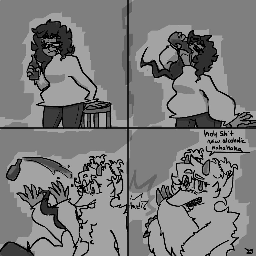 4 panel comic where my sona, Lucia is drunk, drinks some alcohol, and falls over. my fursona Lumis walks in frame on the 3rd panel and says "holy shit new alcoholic hahahaha" as Lucia crashes to the ground 
I drew this on stream to celebrate my 21st birthday