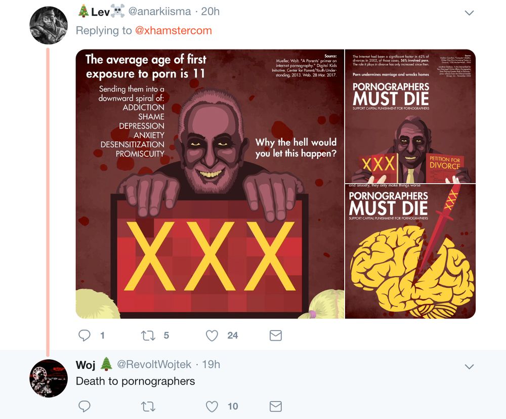 a screenshot of a tweet with three photos in it. the main image on the left is an infographic about "porn addiction" and its various maladies. the image is of an older man nefariously hiding behind a computer screen with "XXX" displayed on it. the image is extremely reminiscent of nazi-era antisemitic propaganda. below the three images is another tweet that reads "Death to pornographers."