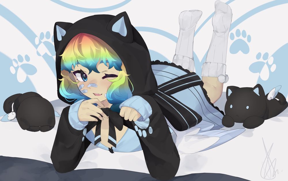 Garota de cabelo colorido, deitada com dois gatinhos ao lado (Créditos da roupa: NyahalloShop) 
