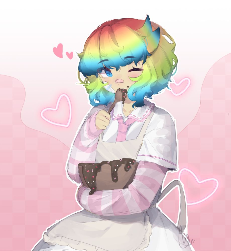 Oc de cabelo colorido, comendo chocolate (vestindo um avental, camisa branca com detalhes rosa e mangas listradas tbm rosa)