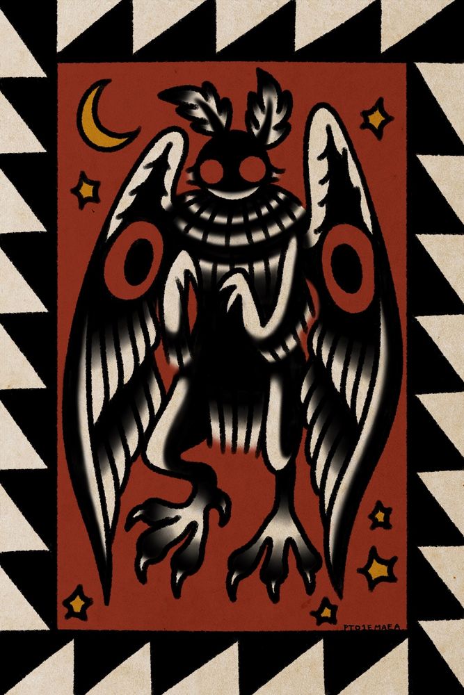 A postcard-sized illustration of mothman in an American traditional tattoo style. Mothman is standing in the center of the image over a red background, with a yellow moon and stars spread around him. The illustration is framed with a black and white triangle pattern. Mothman himself has two large bird-like clawed feet, two bug-like arms, two bird-like wings with large red moth markings, and two small feathery antennae. He is coloured mostly in black with some red in the eyes and wings.