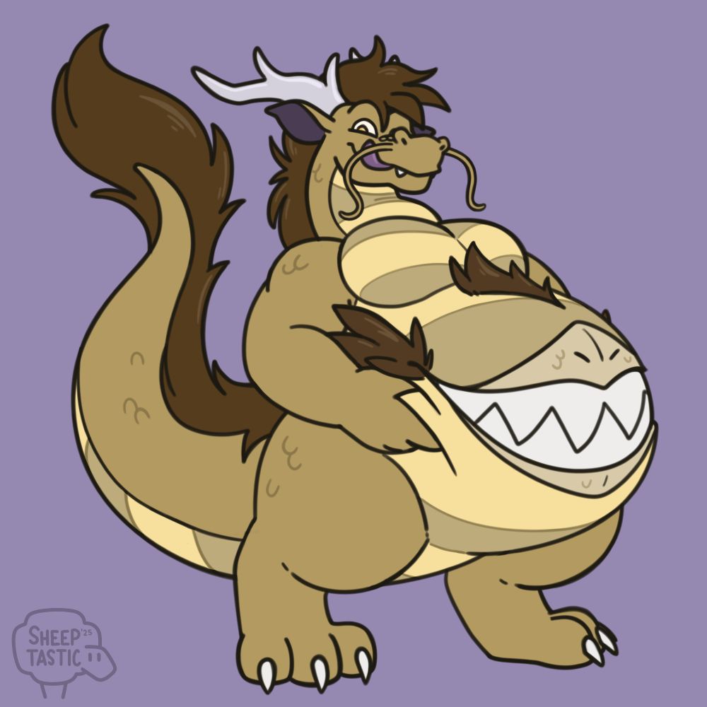 A rotund anthro eastern dragon looks at the viewer while licking his lips. On his stomach, a "belly maw" displaying some raptor feathers grins with visible sharp teeth.