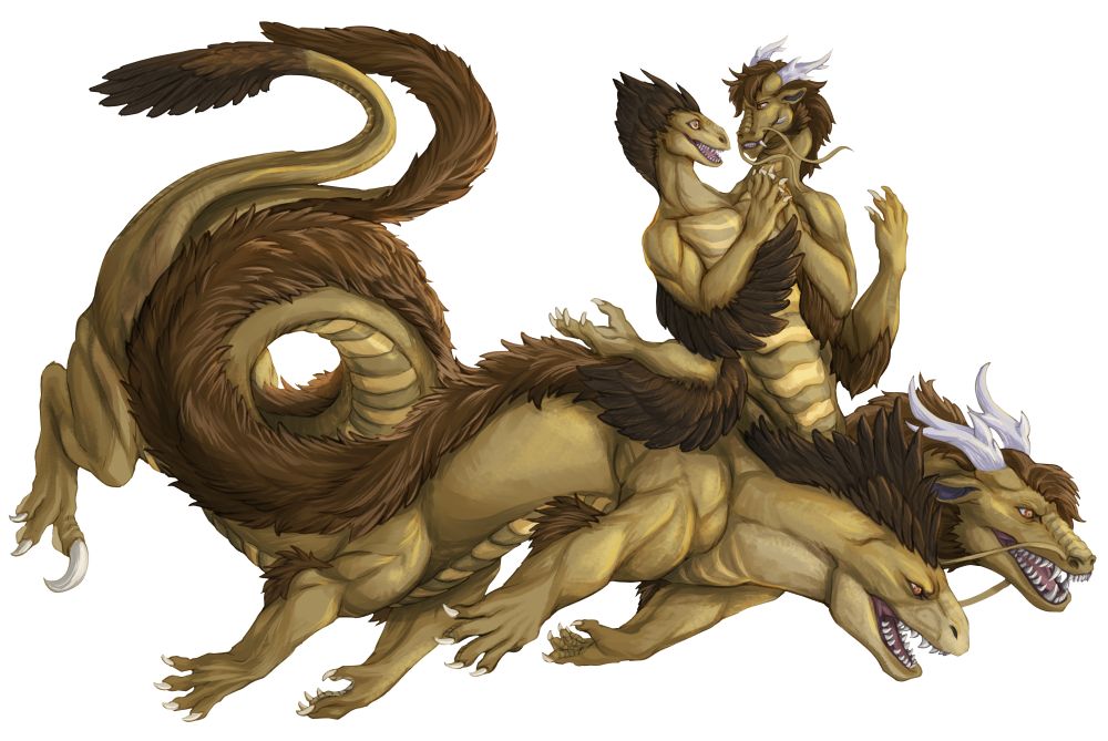 A hybrid creature consisting of two raptor and two dragon heads, attached to a six-legged and two-tailed draconic torso, with one pair of heads atop an anthro torso while the other two are attached directly to the lower body. The two upper heads are looking at each other affectionately while crossing their fingers, and the lower two snarl fiercely while looking ahead.