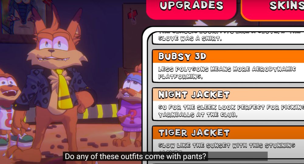 Screenshot from the in-game trailer showing Bubsy questioning the lack of pants in the clothing options