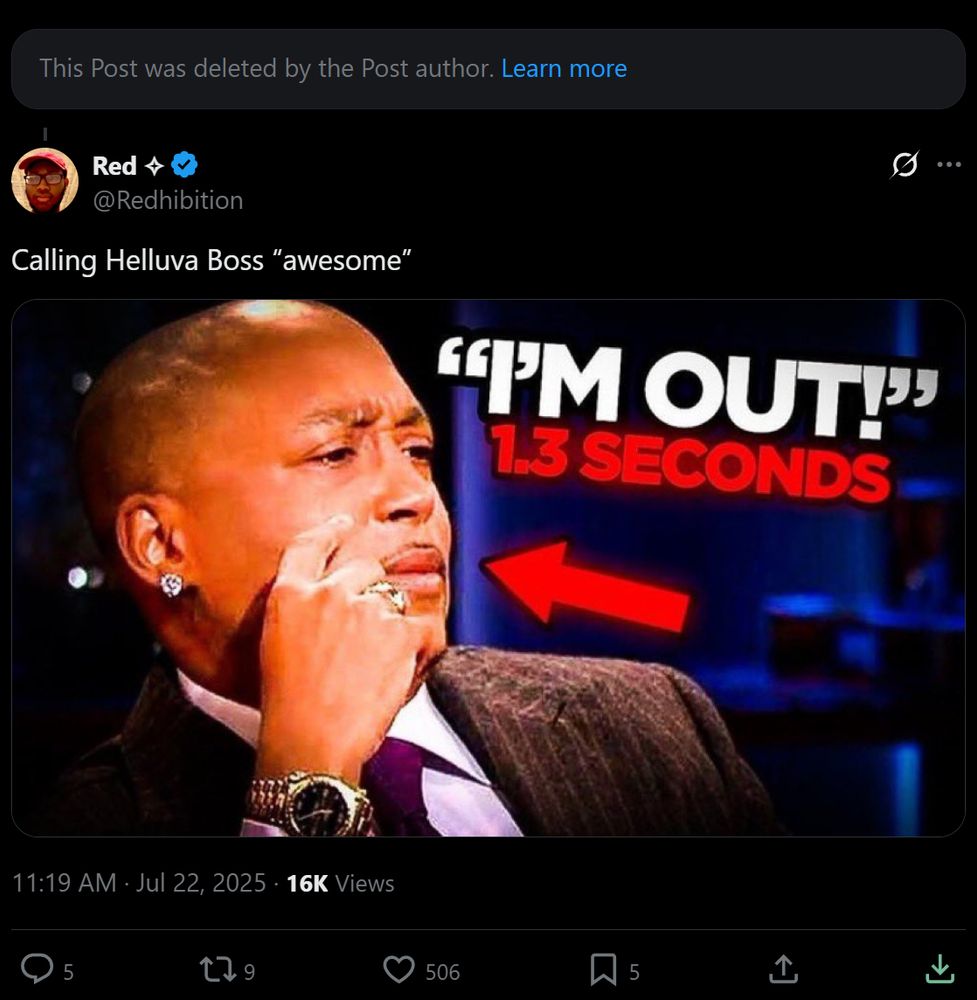 Another reply saying "calling helluva boss "awesome" with a meme image that says "I'M OUT 1.3 seconds"