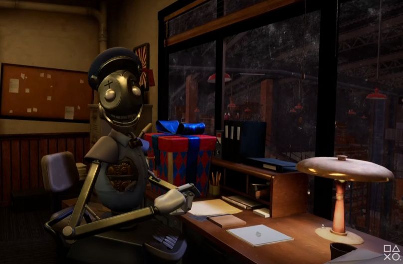 A delightful helper robot dressed up in factory worker attire does his little tasks