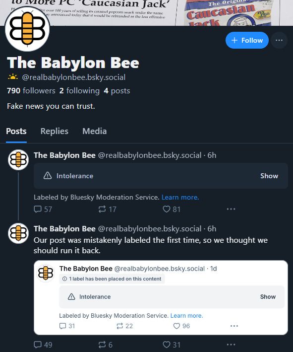 screenshot of the realbabylonbee.bsky.social account
