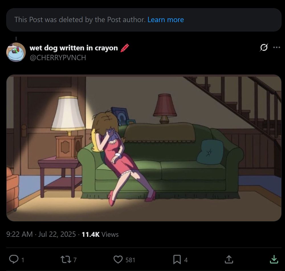 Reply to the now deleted tweet showing an image of francine from american dad holding her head in sadness