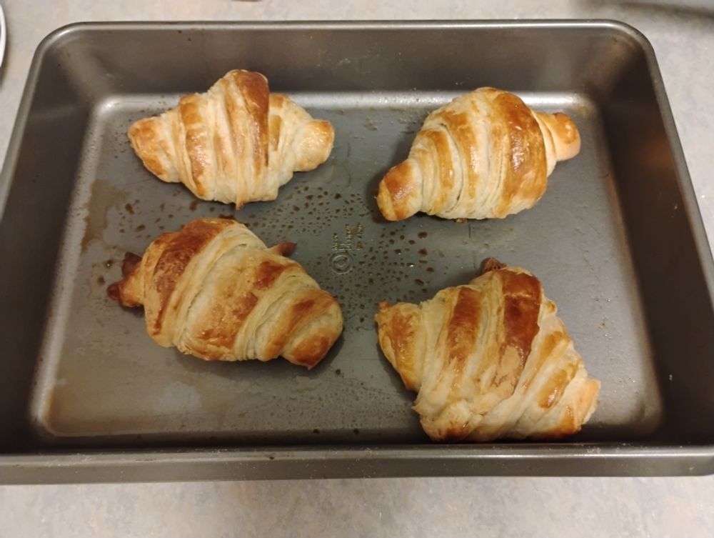 Four decent looking homemade croissants in a different cake pan than the last five, because as previously stated I only have one baking sheet