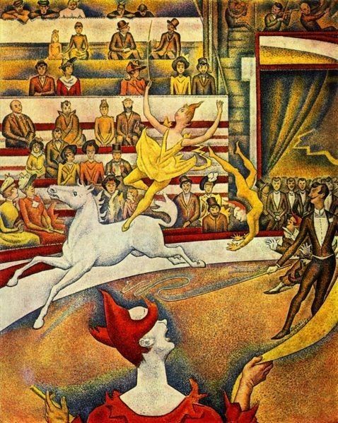 Le Cirque by Georges Seurat. Tumbler, clown, MC and woman standing on one leg on a galloping horse, defying the laws of physics in every way. Spectators fill the rows of seats behind her.