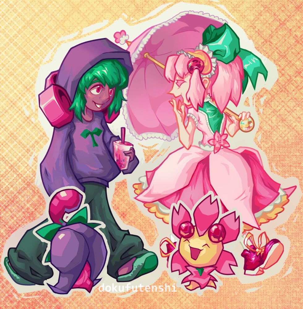 a colorful digital fanart of humanized cherrims, a girl in a casual purple hoodie and green pants with chunky headphones and a girl in sweet lolita attire, accompanied by their pokemon counterparts