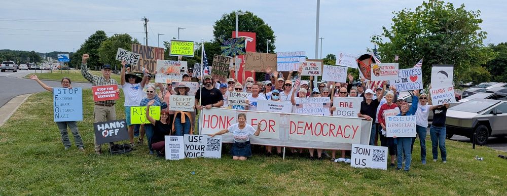 50+ protesters with signs reading Honk For Democracy, Hands Off, John Us (https://indivisible.org/) and more