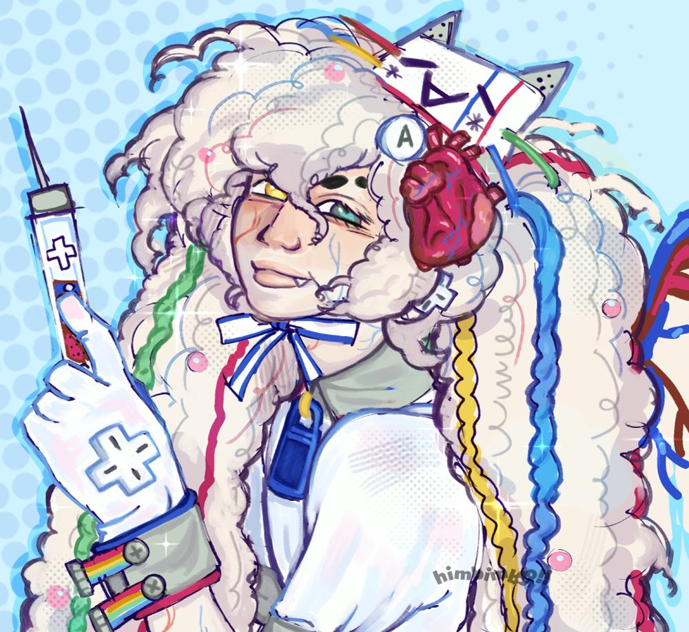 a messily rendered bust-up drawing of my oc. she has pale blonde-white kinky hair in two pigtails with multiple locs in blue, yellow, green, and red mixed in. an anatomically correct heart and two large buttons from a wii remote rest on the side of her head.

she has pale skin with blue and red veins running across her body, and has heterochromia. she's smiling at the "camera" and is holding a large syringe that looks like a wii remote, and is full of red and blue liquid.
