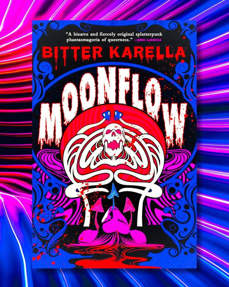 The cover for the novel "Moonflow" by Bitter Karella. It is stylistically similar to old horror movie posters in that the graphics use flat, contrasting colours against black. The main colours are red, indigo, and magenta, along with black and white. The images depicted are: a woman's body lying supine, her hair flowing into a river of blood. Mushrooms shaped like arrows or devil tails grow out of the woman. Above her squats a skeleton, its shape twisted like vines. The title is in white, outlined in dripping red. 