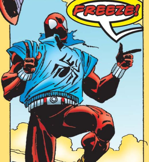 Off-panel voice: FREEZE!

Scarlet Spider does finger guns with both hands.

Panel from Scarlet Spider #2