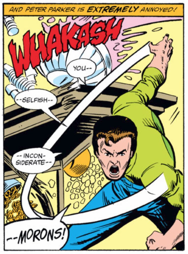 Petrer Parker hits a table with his hand, splintering the wood, spilling the punch and sending snacks across the room