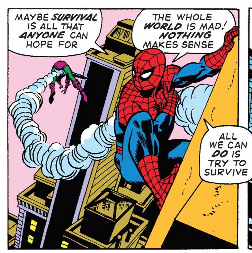 spider-man clings to the side of a building. He looks over his shoulder to the green goblin, who is collapsed unconscious on his glider flying into the distance