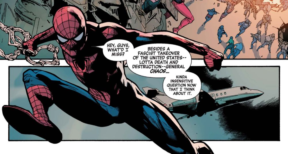 Spider-Man swings on a web line with his fists clenched. Behind him a plane flies through dark smoke.

Panel from Secret Empire #9 (2017)