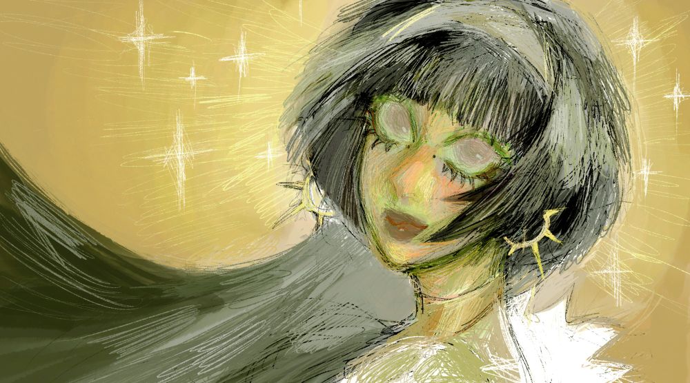 Astra on a yellow background with sparkles in green tones 