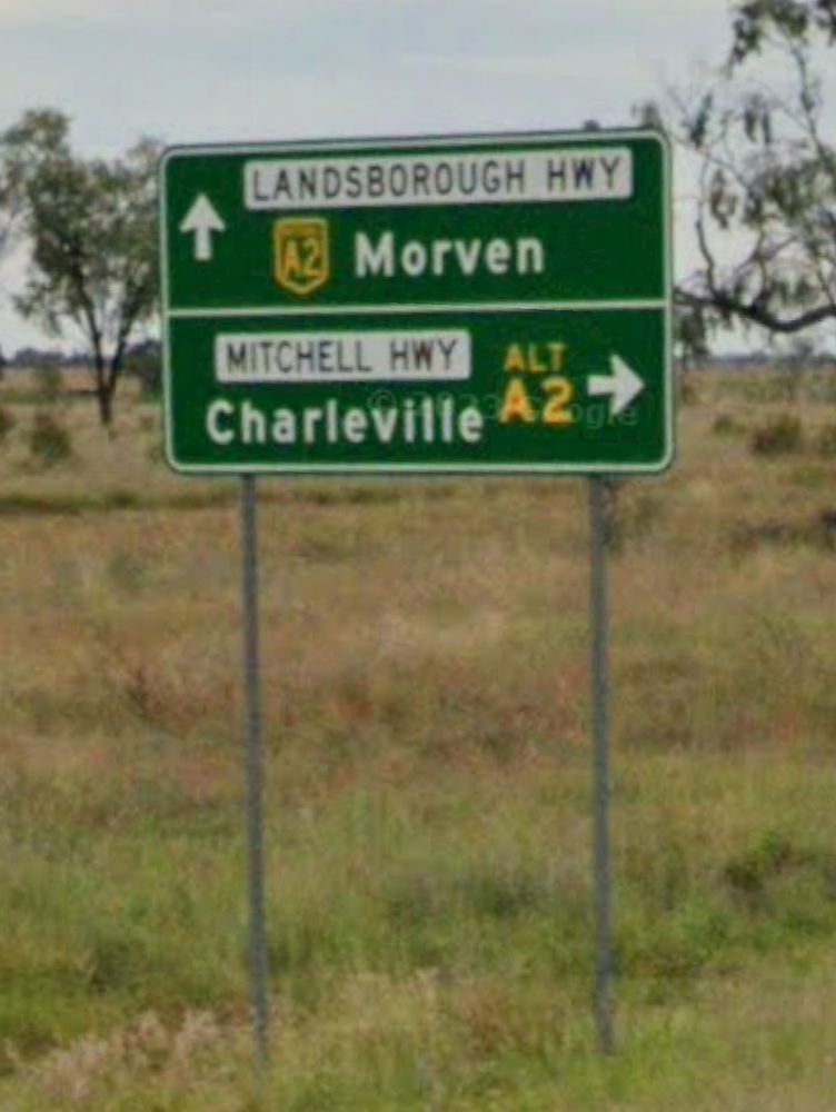 A screenshot from Google Street View showing a highway fork sign (located near Augathella, Queensland). Ahead is the A2 (signed with a green National Highway shield) Landsborough Highway towards Morven, to the right is the Alternative Route A2 Mitchell Highway towards Charleville.