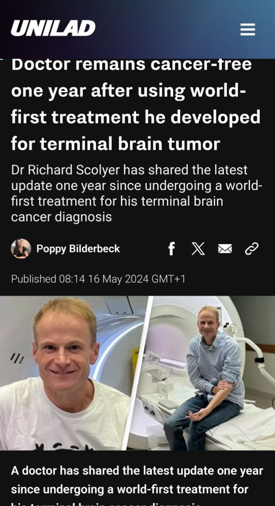 Image of a lad bible post regarding a cancer free doctor, the first to use a new cancer treatment for brain cancer.