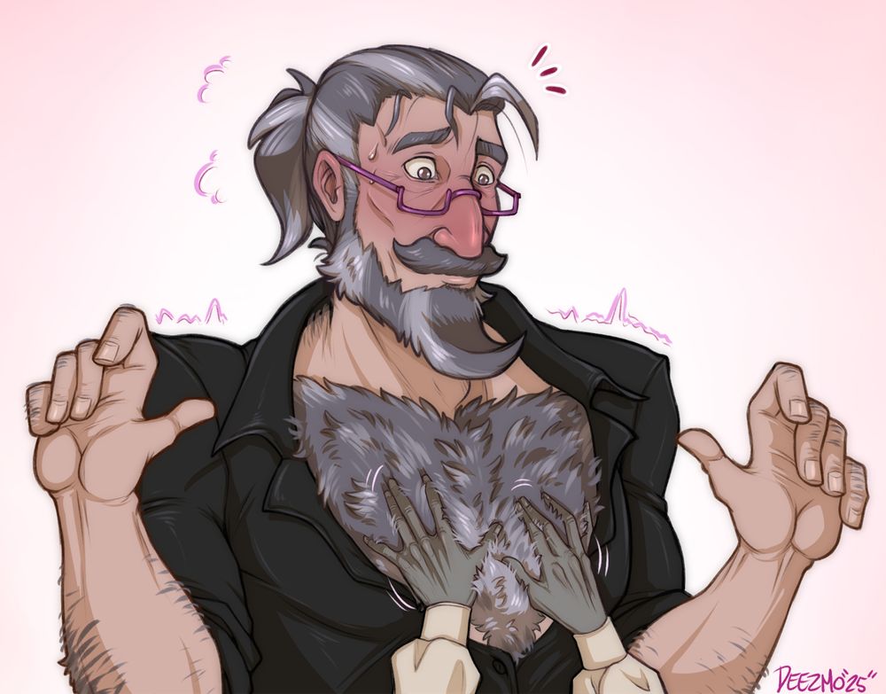 older gentleman with open shirt and hairy chest exposed with hands rubbing it. he looks surprised and blushing