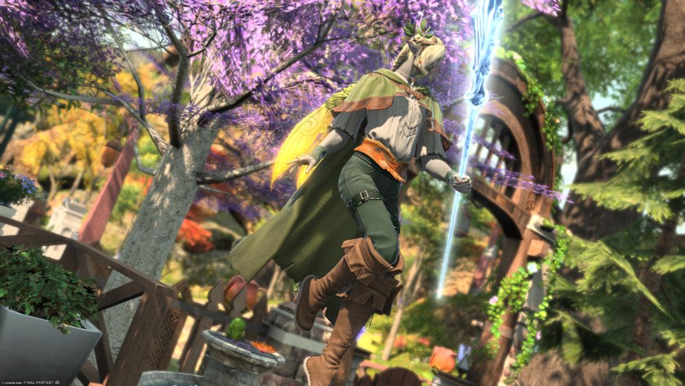 ffxiv duskwight elezen oc marax screenshot. in fae type of glam posing in his garden
