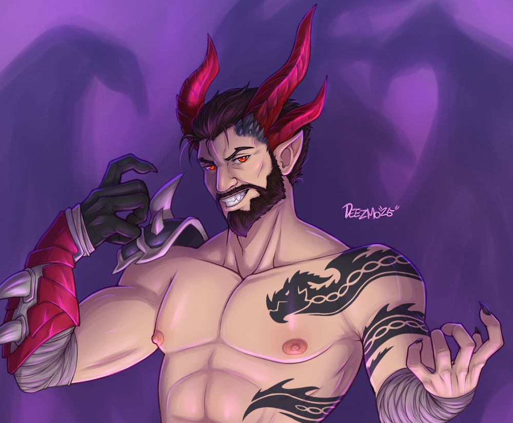 world of warcraft dracthyr visage oc redshift looking at the viewer beckoning, his shadow showing what he really is 
dinky commission art