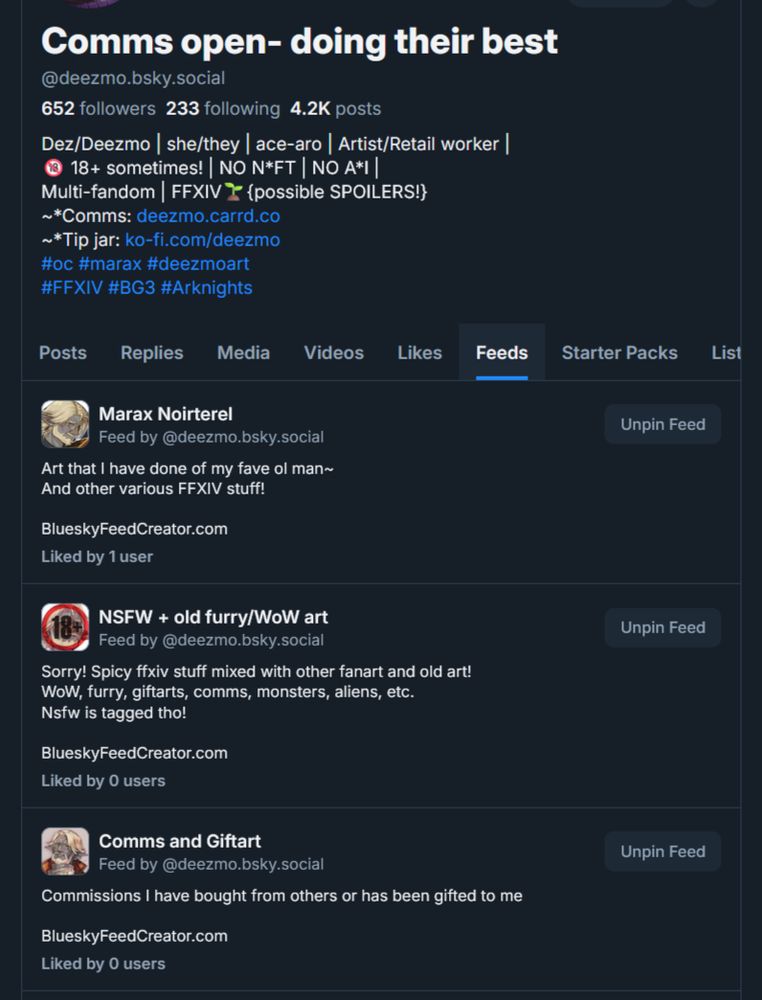 screenshot image of my blusky front page showing feeds tab
