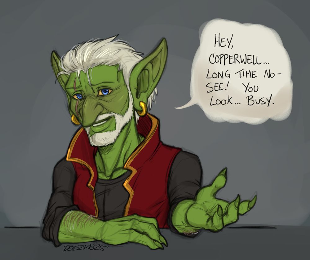world of warcraft goblin marax coloured sketch. looking at the person off screen while speaking with a nervous smile "hey, copperwell.. long time no-see! You look.. busy."