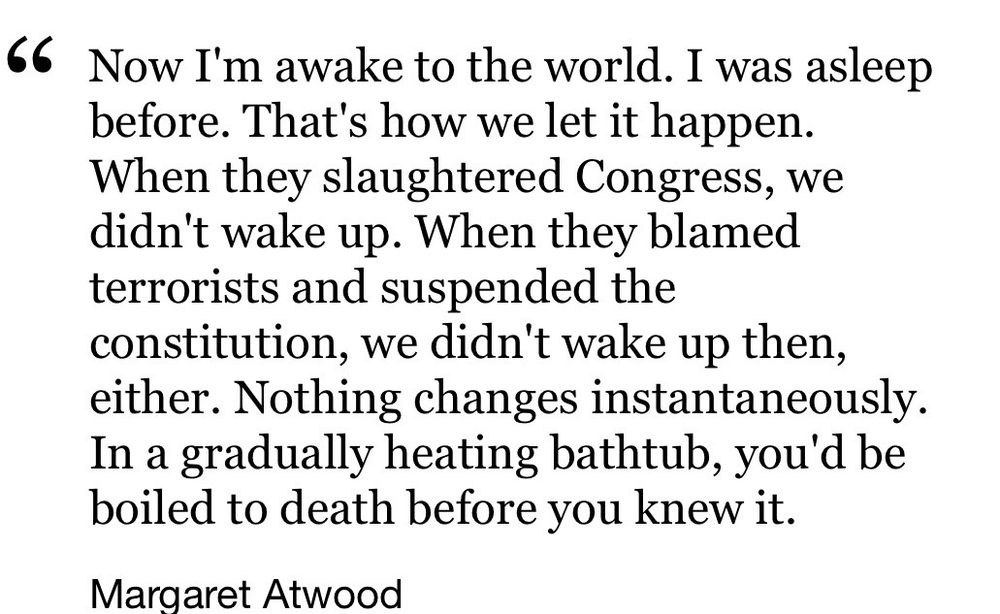 Quote by Margaret Atwood from the Handmaid’s Tale: 
Now I'm awake to the world. I was asleep before. That's how we let it happen.
When they slaughtered Congress, we didn't wake up. When they blamed terrorists and suspended the constitution, we didn't wake up then, either. Nothing changes instantaneously.
In a gradually heating bathtub, you'd be boiled to death before you knew it.