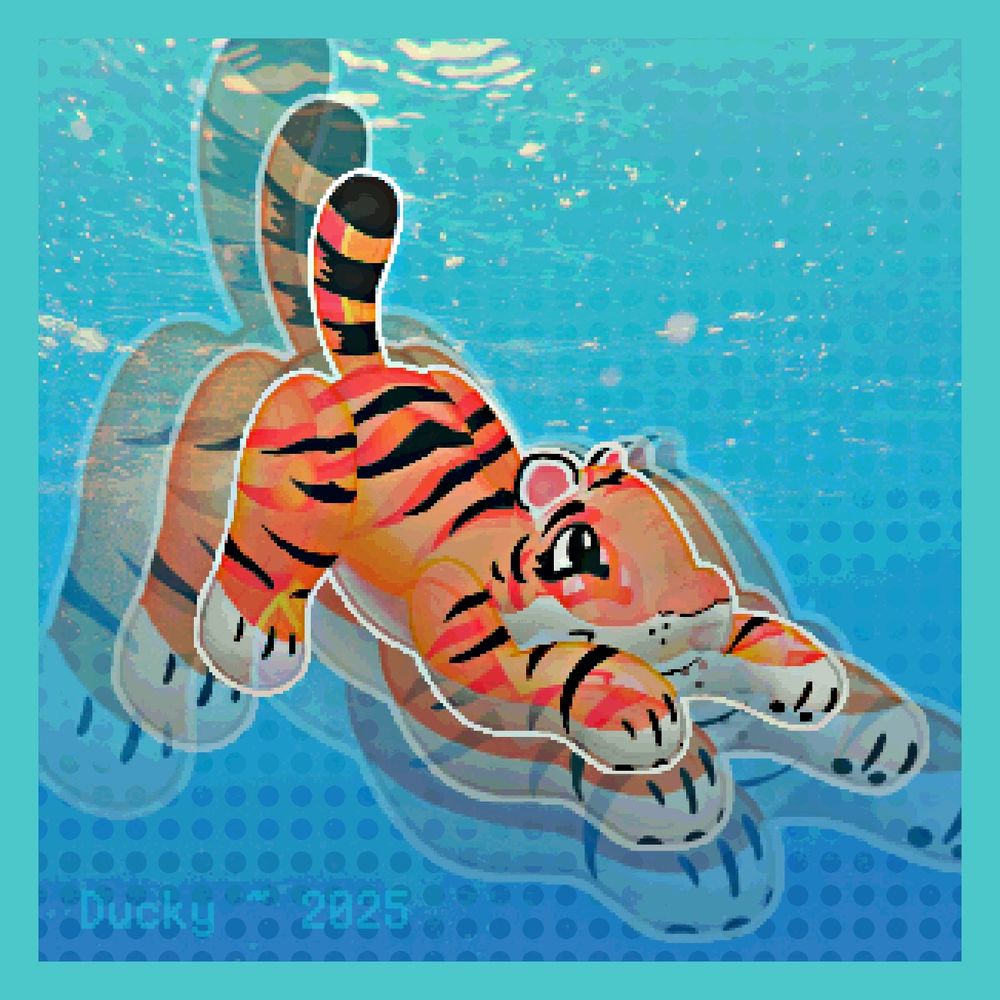 Digital drawing of an inflatable pool toy tiger against an image of water. A pixelation filter and various overlays give it a “crunchy” JPEG look. There is a light blue border around the canvas.