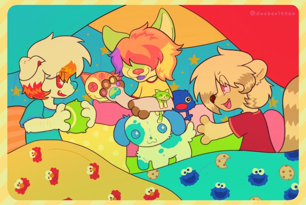 Digital artwork of 3 furry characters at a sleep over, hanging out in a cozy blanket fort. They consist of an off-white canine with multicolor streaks in his hair (Plur), a green canine with rainbow hair (Nerd), and a tan-furred skunk (Cake). They all have fluffy and sort of “scene” hair. Cake is preparing to catch a tennis ball shaped plush from Plur, and Nerd sits in between/behind them.